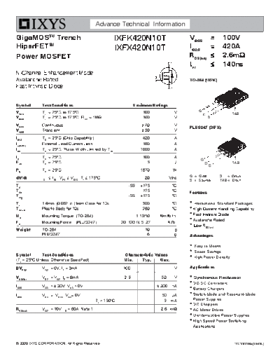 Ixys ixfk420n10t ixfx420n10t  . Electronic Components Datasheets Active components Transistors Ixys ixfk420n10t_ixfx420n10t.pdf