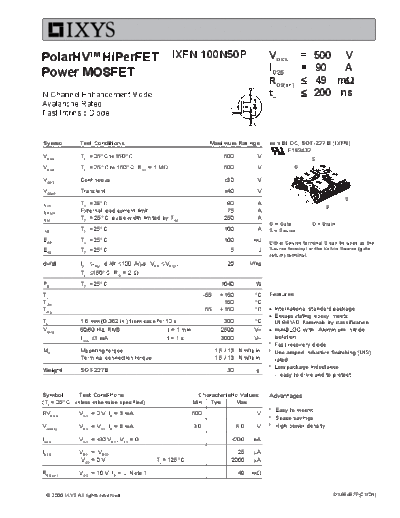 . Electronic Components Datasheets ixfn100n50p  . Electronic Components Datasheets Active components Transistors Ixys ixfn100n50p.pdf