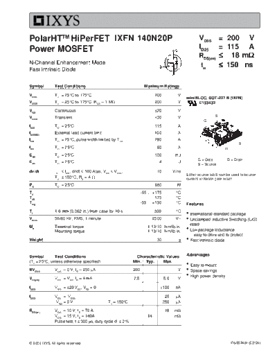 . Electronic Components Datasheets ixfn140n20p  . Electronic Components Datasheets Active components Transistors Ixys ixfn140n20p.pdf