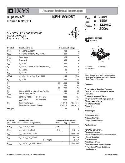 . Electronic Components Datasheets ixfn180n25t  . Electronic Components Datasheets Active components Transistors Ixys ixfn180n25t.pdf