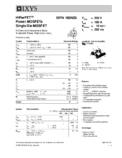 . Electronic Components Datasheets ixfn180n20  . Electronic Components Datasheets Active components Transistors Ixys ixfn180n20.pdf