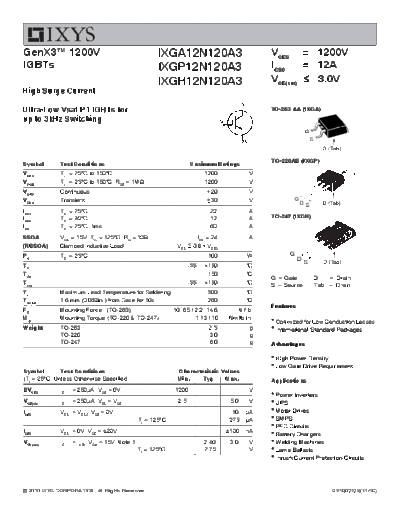 Ixys ixga12n120a3 ixgp12n120a3 ixgh12n120a3  . Electronic Components Datasheets Active components Transistors Ixys ixga12n120a3_ixgp12n120a3_ixgh12n120a3.pdf