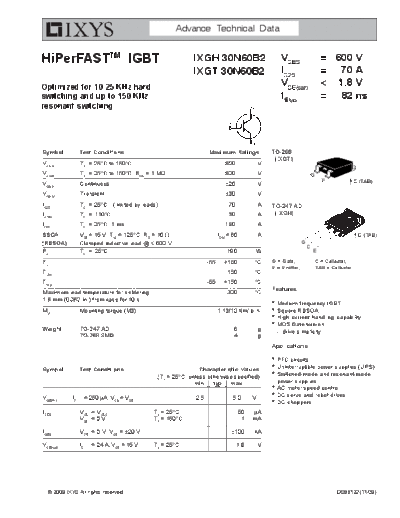 Ixys ixgh30n60b2 ixgt30n60b2  . Electronic Components Datasheets Active components Transistors Ixys ixgh30n60b2_ixgt30n60b2.pdf