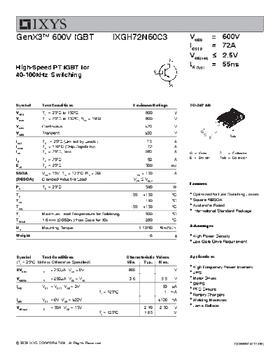 Ixys ixgh72n60c3  . Electronic Components Datasheets Active components Transistors Ixys ixgh72n60c3.pdf
