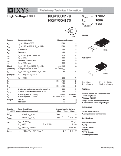 Ixys ixgk100n170 ixgx100n170  . Electronic Components Datasheets Active components Transistors Ixys ixgk100n170_ixgx100n170.pdf