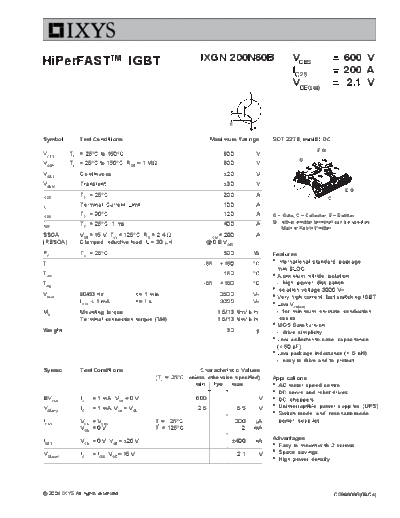 . Electronic Components Datasheets ixgn200n60b  . Electronic Components Datasheets Active components Transistors Ixys ixgn200n60b.pdf