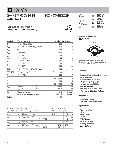 . Electronic Components Datasheets ixgn72n60c3h1  . Electronic Components Datasheets Active components Transistors Ixys ixgn72n60c3h1.pdf