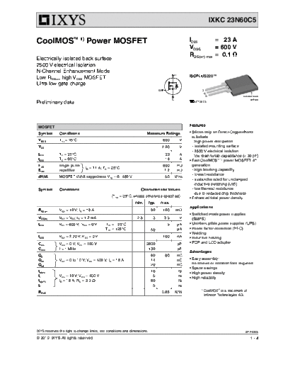 Ixys ixkc23n60c5  . Electronic Components Datasheets Active components Transistors Ixys ixkc23n60c5.pdf