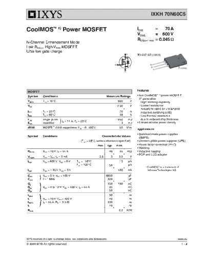 Ixys ixkh70n60c5  . Electronic Components Datasheets Active components Transistors Ixys ixkh70n60c5.pdf