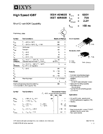 Ixys ixsh40n60b ixst40n60b  . Electronic Components Datasheets Active components Transistors Ixys ixsh40n60b_ixst40n60b.pdf