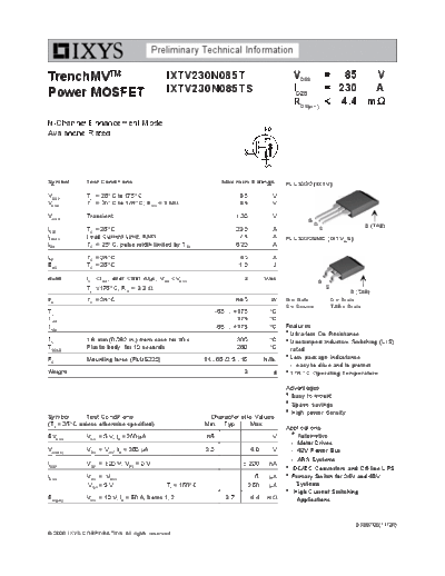 Ixys ixtv230n085t  . Electronic Components Datasheets Active components Transistors Ixys ixtv230n085t.pdf