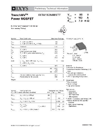 Ixys ixta152n085t7  . Electronic Components Datasheets Active components Transistors Ixys ixta152n085t7.pdf