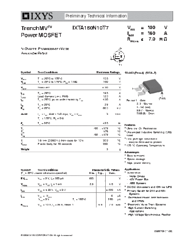 Ixys ixta160n10t7  . Electronic Components Datasheets Active components Transistors Ixys ixta160n10t7.pdf