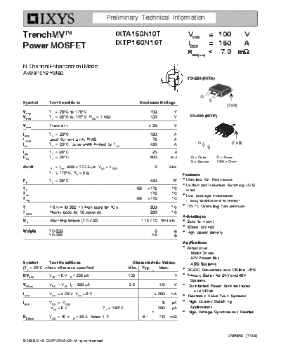 . Electronic Components Datasheets ixta160n10t ixtp160n10t  . Electronic Components Datasheets Active components Transistors Ixys ixta160n10t_ixtp160n10t.pdf