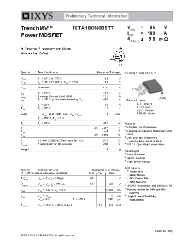 . Electronic Components Datasheets ixta180n085t7  . Electronic Components Datasheets Active components Transistors Ixys ixta180n085t7.pdf