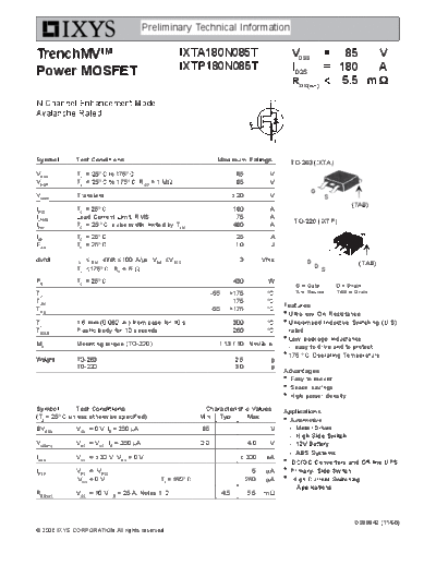 Ixys ixta180n085t ixtp180n085t  . Electronic Components Datasheets Active components Transistors Ixys ixta180n085t_ixtp180n085t.pdf