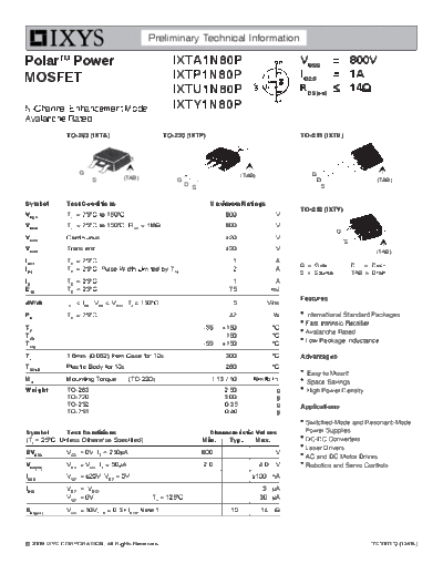 Ixys ixta1n80p ixtp1n80p ixtu1n80p ixty1n80p  . Electronic Components Datasheets Active components Transistors Ixys ixta1n80p_ixtp1n80p_ixtu1n80p_ixty1n80p.pdf