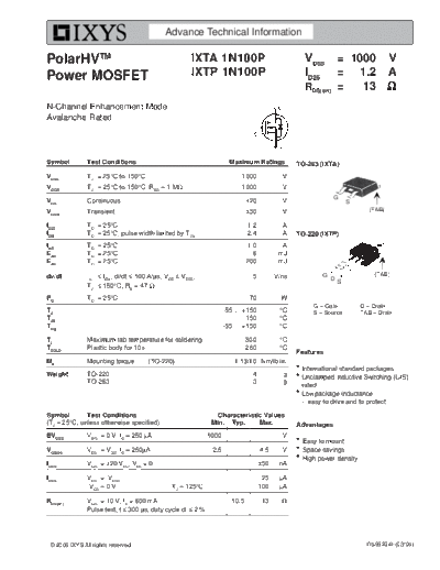 Ixys ixta1n100p ixtp1n100p  . Electronic Components Datasheets Active components Transistors Ixys ixta1n100p_ixtp1n100p.pdf