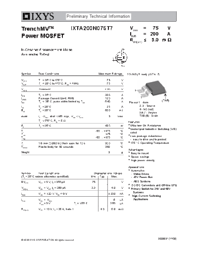 . Electronic Components Datasheets ixta200n075t7  . Electronic Components Datasheets Active components Transistors Ixys ixta200n075t7.pdf