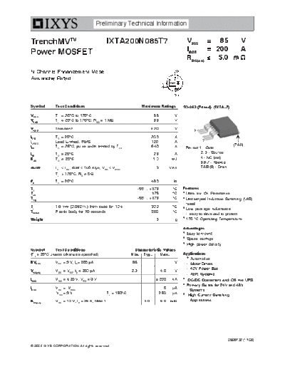 Ixys ixta200n085t7  . Electronic Components Datasheets Active components Transistors Ixys ixta200n085t7.pdf