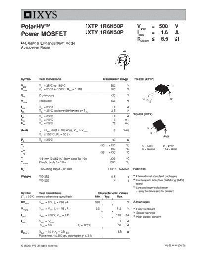 Ixys ixtp1r6n50p ixty1r6n50p  . Electronic Components Datasheets Active components Transistors Ixys ixtp1r6n50p_ixty1r6n50p.pdf