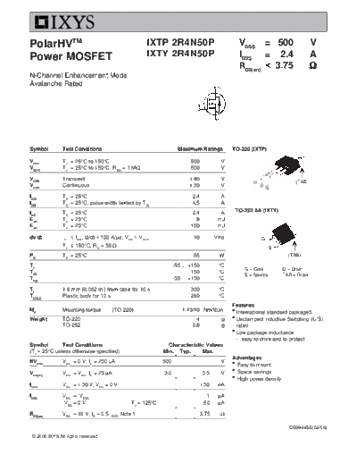 Ixys ixtp2r4n50p ixty2r4n50p  . Electronic Components Datasheets Active components Transistors Ixys ixtp2r4n50p_ixty2r4n50p.pdf