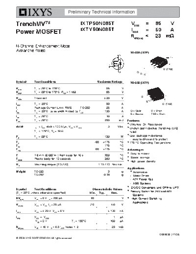 Ixys ixtp50n085t ixty50n085t  . Electronic Components Datasheets Active components Transistors Ixys ixtp50n085t_ixty50n085t.pdf