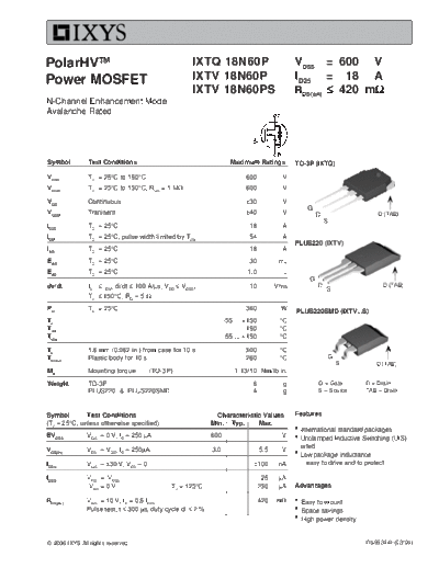 . Electronic Components Datasheets ixtq18n60p ixtv18n60p  . Electronic Components Datasheets Active components Transistors Ixys ixtq18n60p_ixtv18n60p.pdf