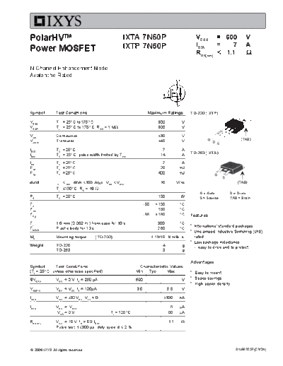 . Electronic Components Datasheets ixta7n60p ixtp7n60p  . Electronic Components Datasheets Active components Transistors Ixys ixta7n60p_ixtp7n60p.pdf