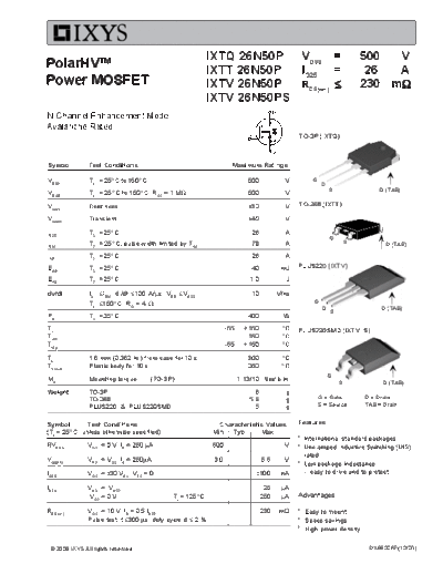 Ixys ixtq26n50p ixtt26n50p ixtv26n50p  . Electronic Components Datasheets Active components Transistors Ixys ixtq26n50p_ixtt26n50p_ixtv26n50p.pdf