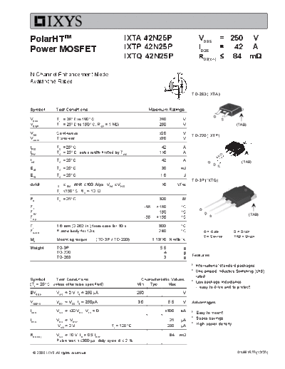 Ixys ixta42n25p ixtp42n25p ixtq42n25p  . Electronic Components Datasheets Active components Transistors Ixys ixta42n25p_ixtp42n25p_ixtq42n25p.pdf