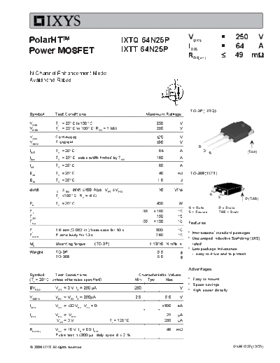 Ixys ixtq64n25p ixtt64n25p  . Electronic Components Datasheets Active components Transistors Ixys ixtq64n25p_ixtt64n25p.pdf