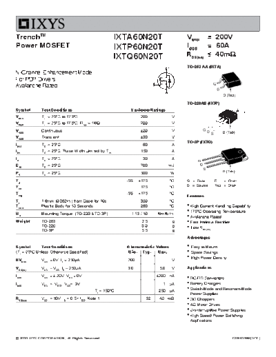 Ixys ixta60n20t ixtp60n20t ixtq60n20t  . Electronic Components Datasheets Active components Transistors Ixys ixta60n20t_ixtp60n20t_ixtq60n20t.pdf