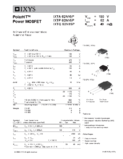 Ixys ixta62n15p ixtp62n15p ixtq62n15p  . Electronic Components Datasheets Active components Transistors Ixys ixta62n15p_ixtp62n15p_ixtq62n15p.pdf