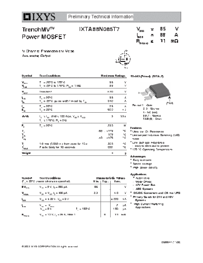 Ixys ixta88n085t7  . Electronic Components Datasheets Active components Transistors Ixys ixta88n085t7.pdf