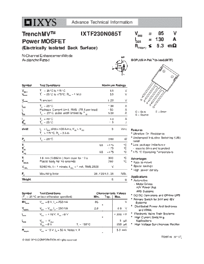 Ixys ixtf230n085t  . Electronic Components Datasheets Active components Transistors Ixys ixtf230n085t.pdf