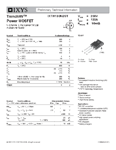 Ixys ixth130n20t  . Electronic Components Datasheets Active components Transistors Ixys ixth130n20t.pdf