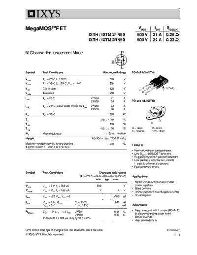 Ixys ixth21n50 ixth24n50 ixtm21n50 ixtm24n50  . Electronic Components Datasheets Active components Transistors Ixys ixth21n50_ixth24n50_ixtm21n50_ixtm24n50.pdf