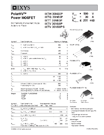 Ixys ixth30n50p ixtq30n50p ixtt30n50p ixtv30n50p  . Electronic Components Datasheets Active components Transistors Ixys ixth30n50p_ixtq30n50p_ixtt30n50p_ixtv30n50p.pdf