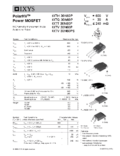 Ixys ixth30n60p ixtq30n60p ixtt30n60p ixtv30n60p  . Electronic Components Datasheets Active components Transistors Ixys ixth30n60p_ixtq30n60p_ixtt30n60p_ixtv30n60p.pdf