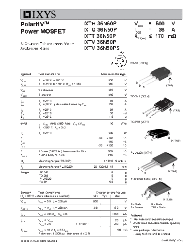 Ixys ixth36n50p ixtq36n50p ixtt36n50p ixtv36n50p  . Electronic Components Datasheets Active components Transistors Ixys ixth36n50p_ixtq36n50p_ixtt36n50p_ixtv36n50p.pdf