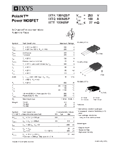 Ixys ixtk100n25p ixtt100n25p ixtq100n25p  . Electronic Components Datasheets Active components Transistors Ixys ixtk100n25p_ixtt100n25p_ixtq100n25p.pdf