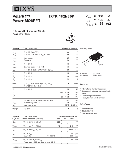 Ixys ixtk102n30p  . Electronic Components Datasheets Active components Transistors Ixys ixtk102n30p.pdf