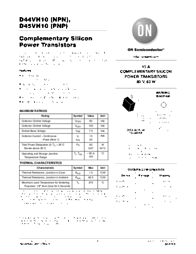 ON Semiconductor d44vh10 d45vh10  . Electronic Components Datasheets Active components Transistors ON Semiconductor d44vh10_d45vh10.pdf