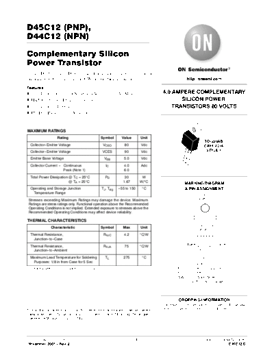 ON Semiconductor d45c12 d44c12  . Electronic Components Datasheets Active components Transistors ON Semiconductor d45c12_d44c12.pdf