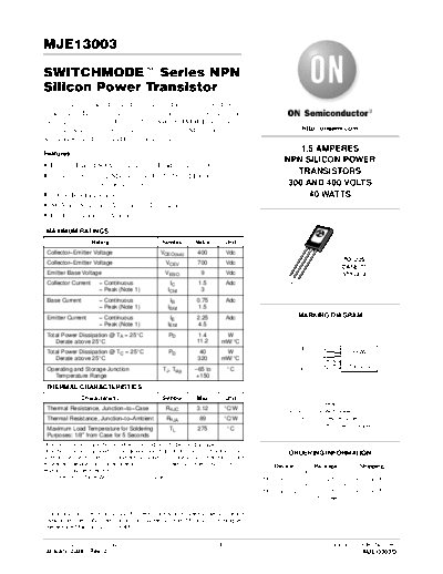 ON Semiconductor mje13003  . Electronic Components Datasheets Active components Transistors ON Semiconductor mje13003.pdf