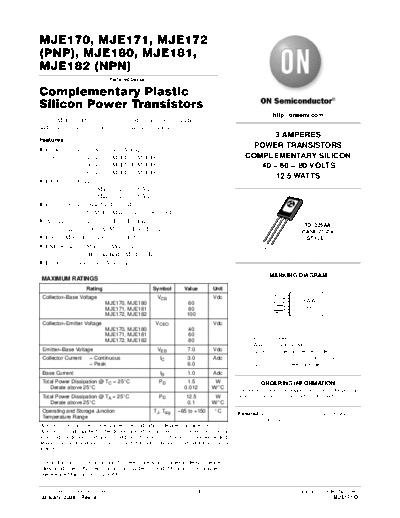 ON Semiconductor mje170 mje171 mje172 mje180 mje181 mje182  . Electronic Components Datasheets Active components Transistors ON Semiconductor mje170_mje171_mje172_mje180_mje181_mje182.pdf