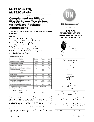 ON Semiconductor mjf31c mjf32c  . Electronic Components Datasheets Active components Transistors ON Semiconductor mjf31c_mjf32c.pdf