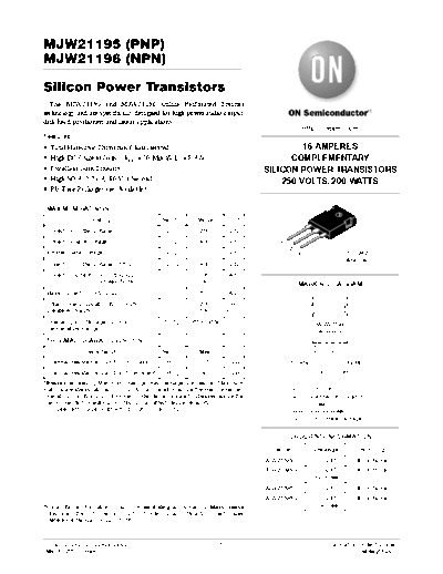 ON Semiconductor mjw21195 mjw21196  . Electronic Components Datasheets Active components Transistors ON Semiconductor mjw21195_mjw21196.pdf