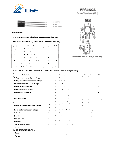 . Electronic Components Datasheets mps2222a  . Electronic Components Datasheets Active components Transistors LGE mps2222a.pdf